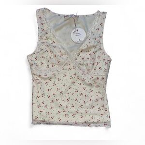 Cherry polka dot Ivory v neck lace sleeveless top small Sheer mesh top New